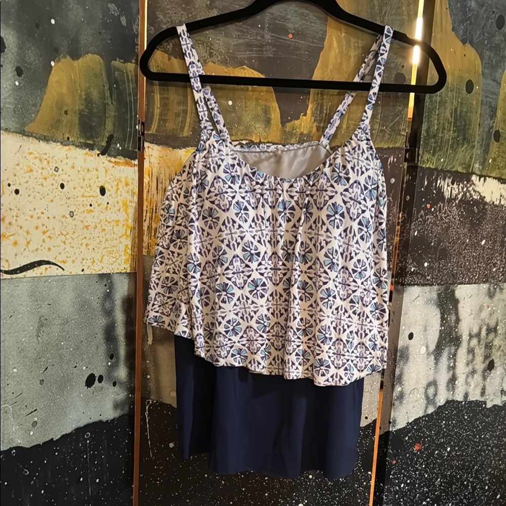 Lands' End Geometric Print Layered Swim Top, Navy, White, and Purple size 10d